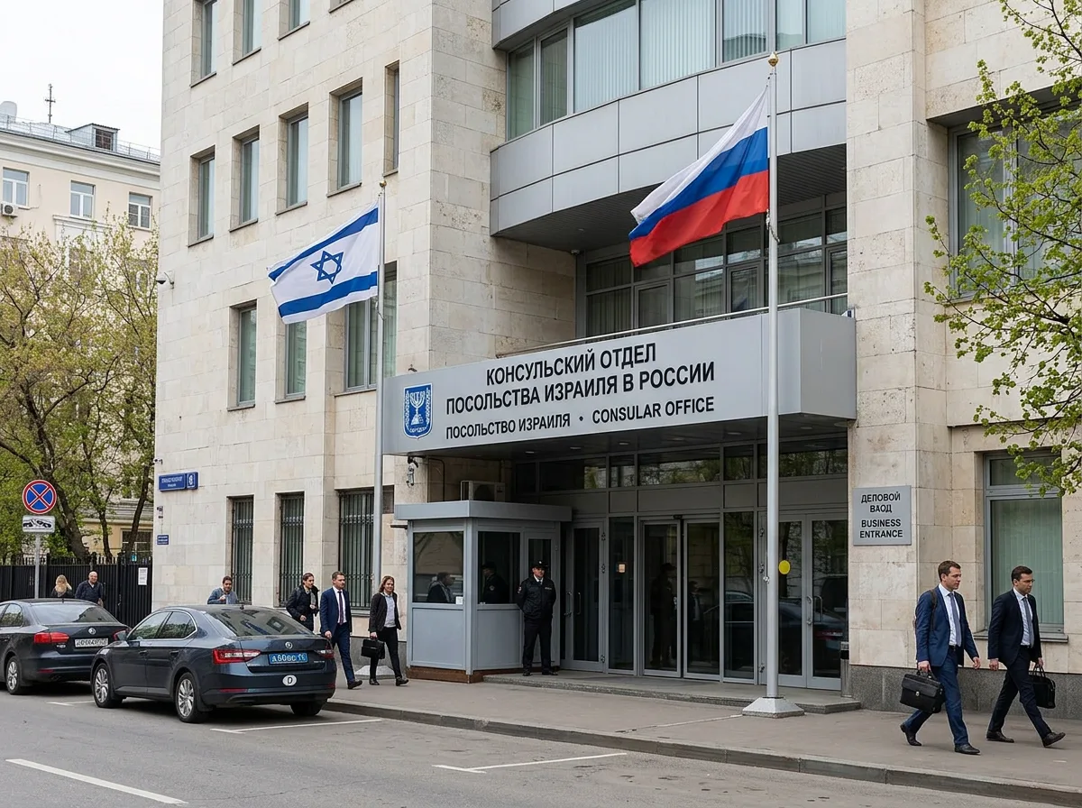 Консульский офис здания посольства Израиля в Москве, деловой вход, флаги Израиля и России